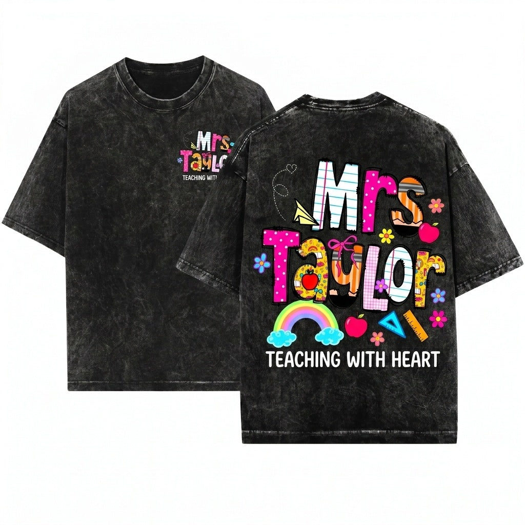 Custom Personalized Teacher Name Doodle Cute Back To School Appreciation Gift Mrs Woman Unisex Wash T-Shirt