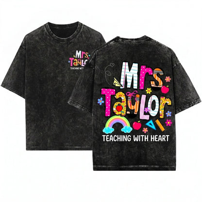 Custom Personalized Teacher Name Doodle Cute Back To School Appreciation Gift Mrs Woman Unisex Wash T-Shirt