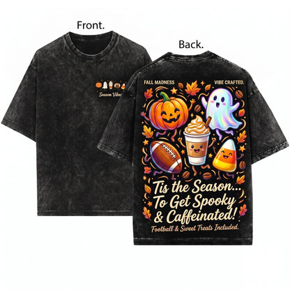 Cute Cozy Autumn Fall Halloween Pumpkin Ghost Football Coffee Candy Corn Doodles Unisex Wash T-Shirt