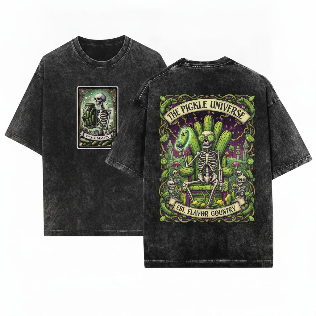 Vintage Tarot Pickle Skeleton Jar Lover Graphic Unisex Wash T-Shirt