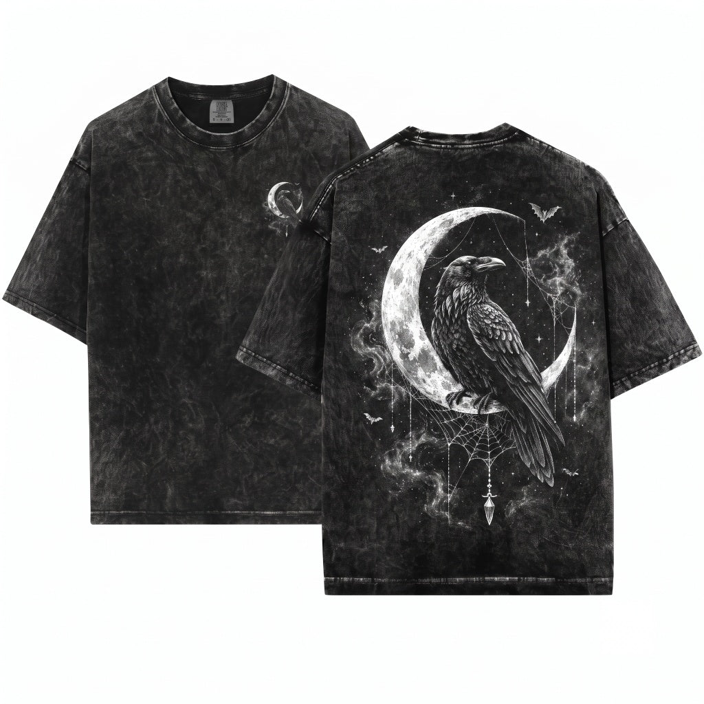 Raven Moon Gothic Crow Graphic Dark Academia Witchy Celestial Horror Aesthetic Gift Unisex Wash T-Shirt