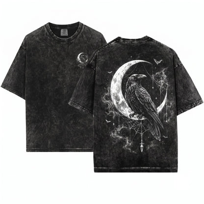 Raven Moon Gothic Crow Graphic Dark Academia Witchy Celestial Horror Aesthetic Gift Unisex Wash T-Shirt