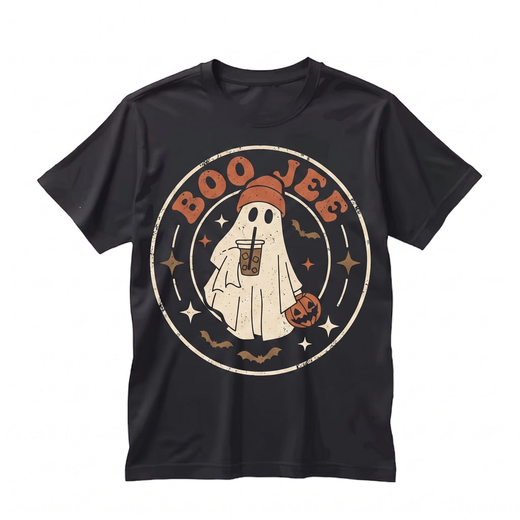 Boo-Jee Ghost Checkered Retro Halloween Fall Iced Coffee Drink Graphic Apparel Unisex TShirt