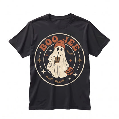 Boo-Jee Ghost Checkered Retro Halloween Fall Iced Coffee Drink Graphic Apparel Unisex TShirt