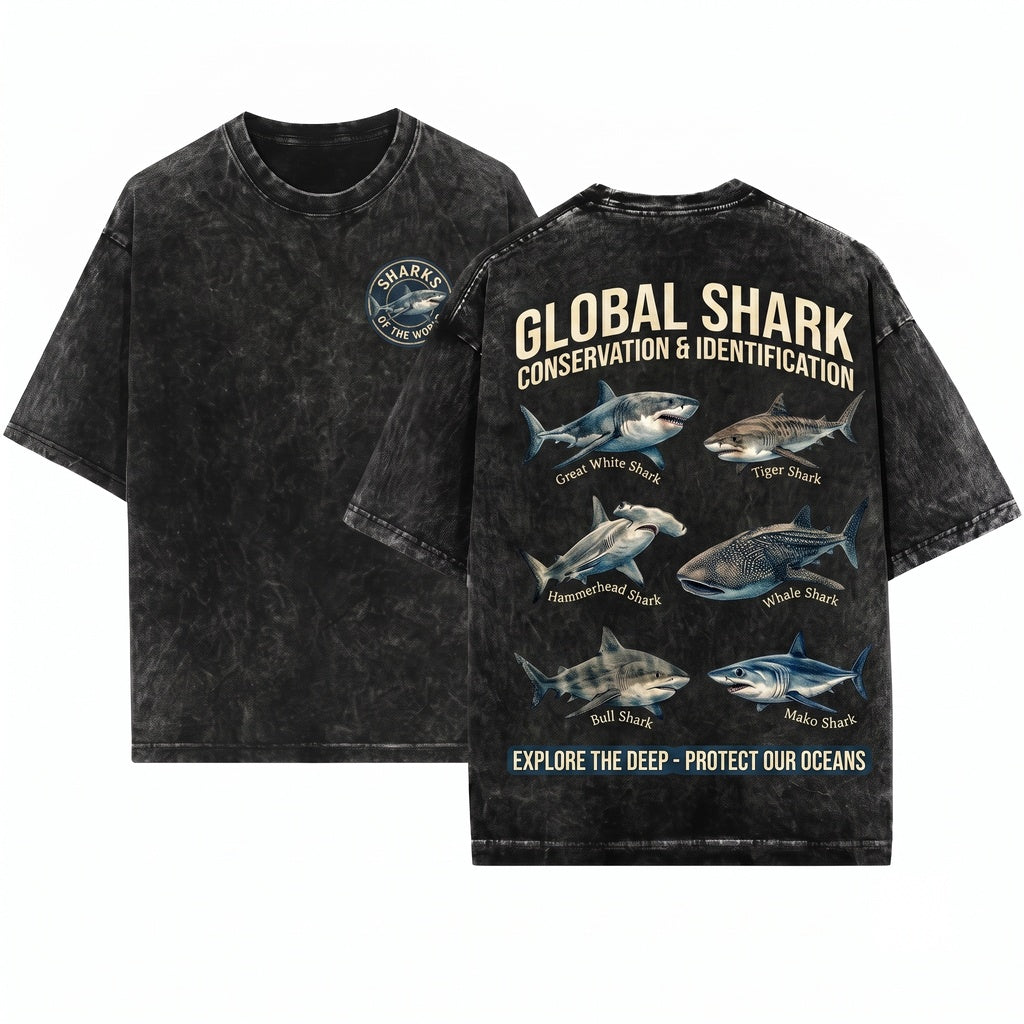 Retro Shark Species Graphic Ocean Animal Y2K Coastal Nature Wildlife Gift Enthusiast Unisex Wash T-Shirt