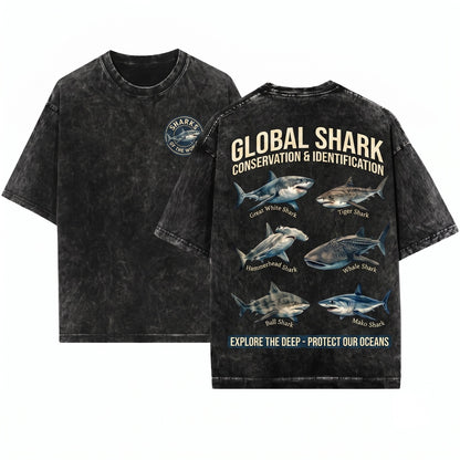 Retro Shark Species Graphic Ocean Animal Y2K Coastal Nature Wildlife Gift Enthusiast Unisex Wash T-Shirt