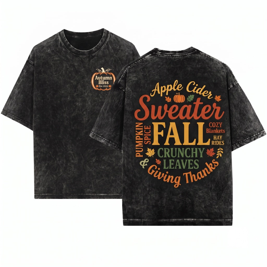 Cute Fall Autumn Pumpkin Spice Apple Cider Vibes Womens Graphic Top Unisex Wash T-Shirt