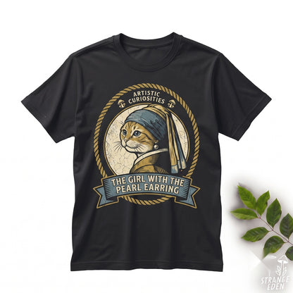 Cat with Pearl Earring Meme Art, Funny Gen Z Brainrot Kitty Parody Graphic Novelty Gift, Unisex TShirt