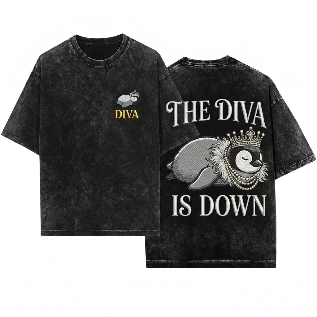 Diva Down Funny Penguin Embroidered Cute Animal Unisex Wash T-Shirt