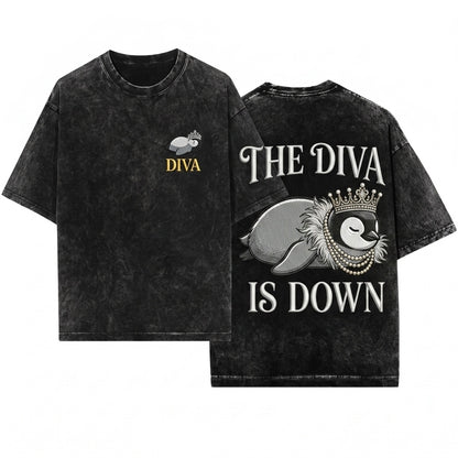 Diva Down Funny Penguin Embroidered Cute Animal Unisex Wash T-Shirt