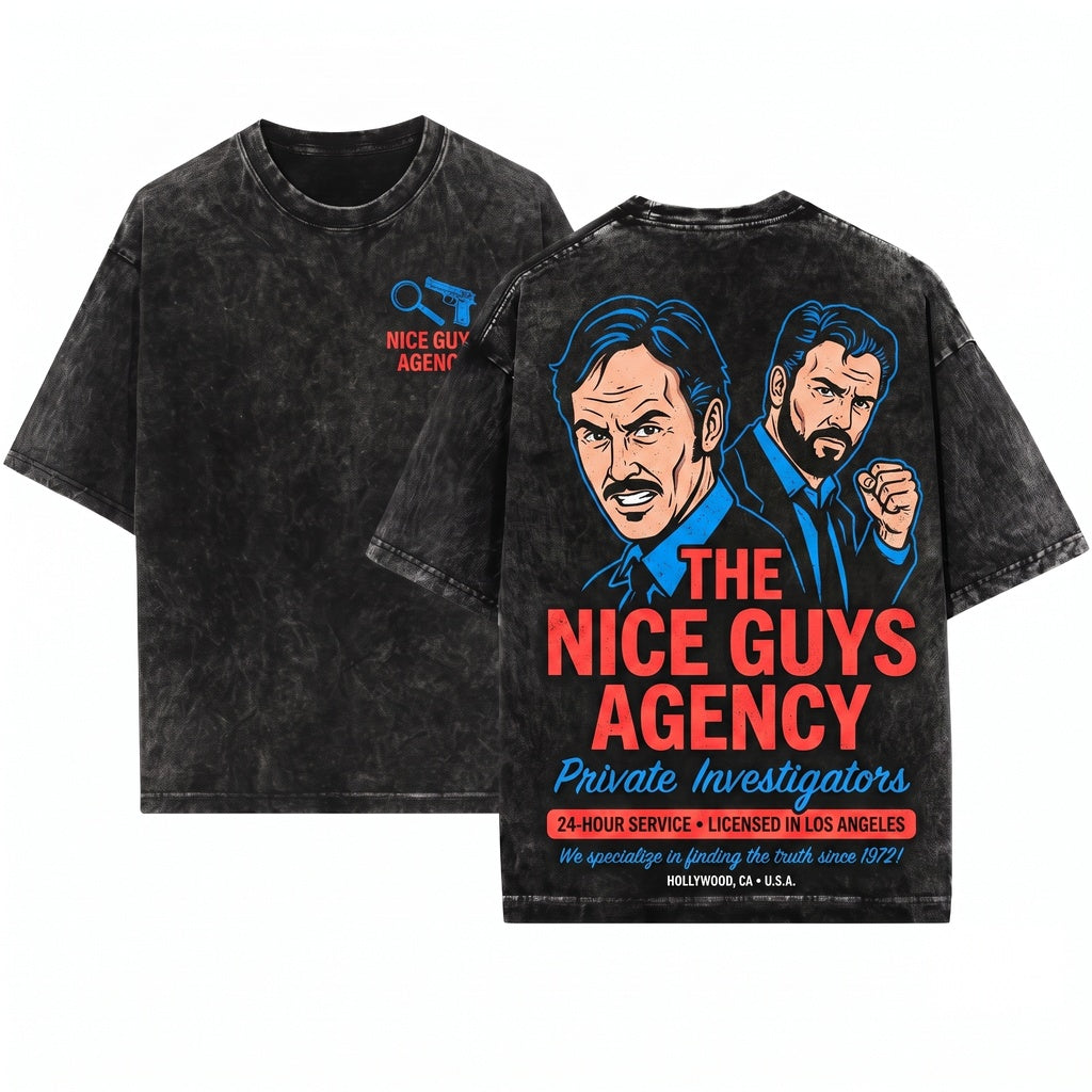 Nice Guys Agency Funny Cult Classic Movie Graphic Back Print Unisex Wash T-Shirt