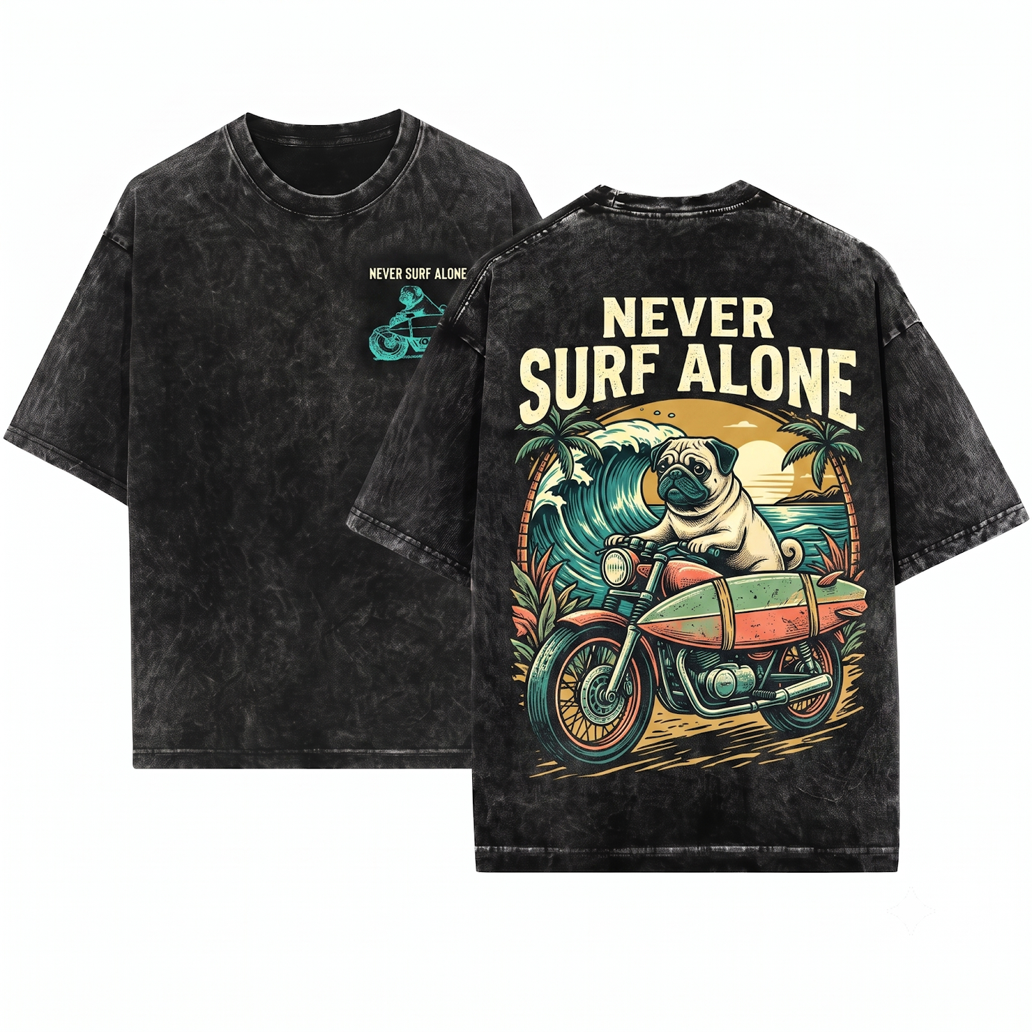 Surf Pug Graphic Tee - Retro Bike Surfer Dog Vintage Mom Dad Gift Unisex Heavyweight Garment-Dyed T-Shirt