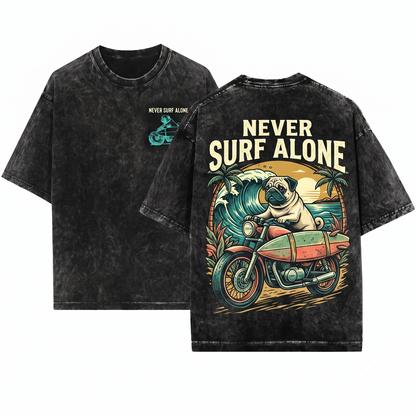 Surf Pug Graphic Tee - Retro Bike Surfer Dog Vintage Mom Dad Gift Unisex Heavyweight Garment-Dyed T-Shirt