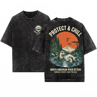 Vintage Rustic River Otter Wildlife Graphic Animal Art Country Unisex Wash T-Shirt