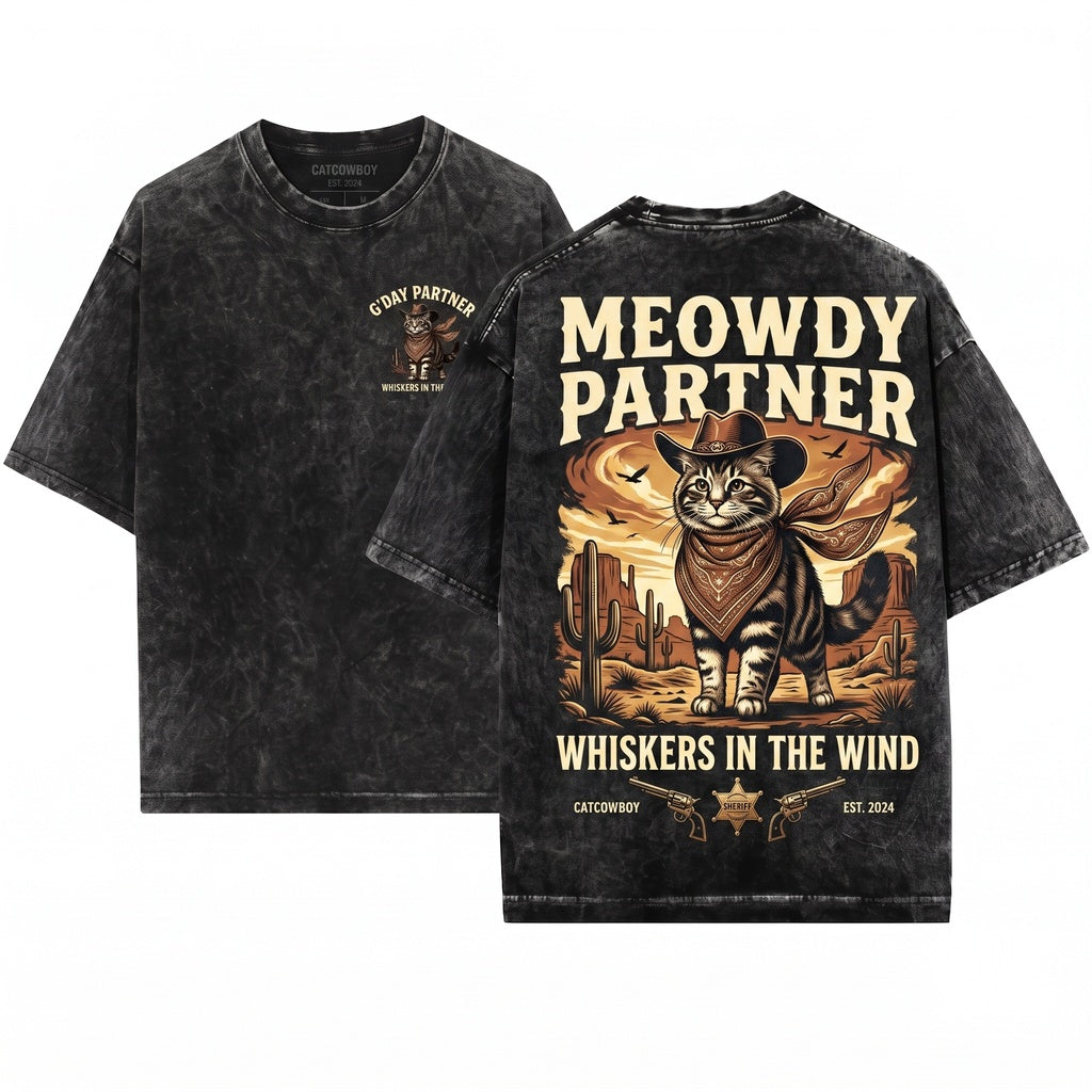 Meowdy Partner Funny Vintage Western Cowboy Cat Apparel Graphic Unisex Wash T-Shirt