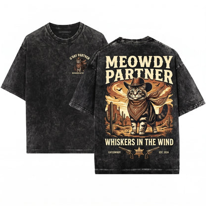 Meowdy Partner Funny Vintage Western Cowboy Cat Apparel Graphic Unisex Wash T-Shirt