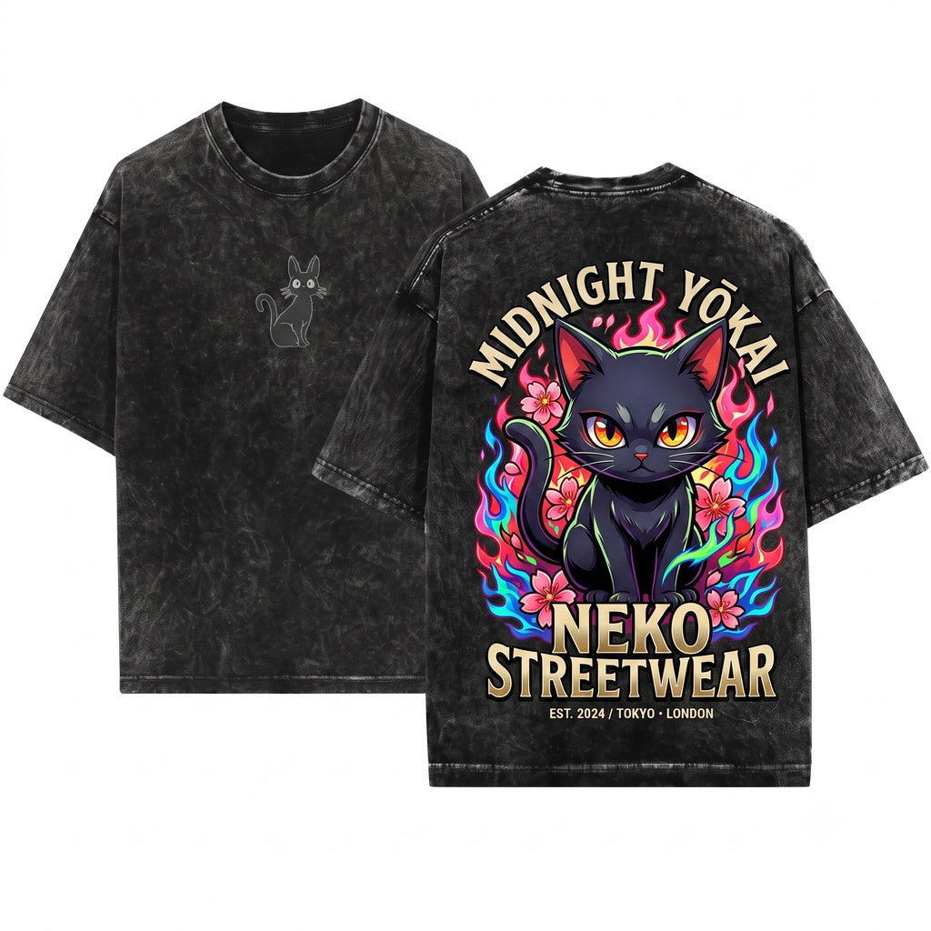 Jiji Black Cat Embroidered Tee – Whimsical Witchy Familiar Vibes for Book Lovers – Unisex Wash T-Shirt