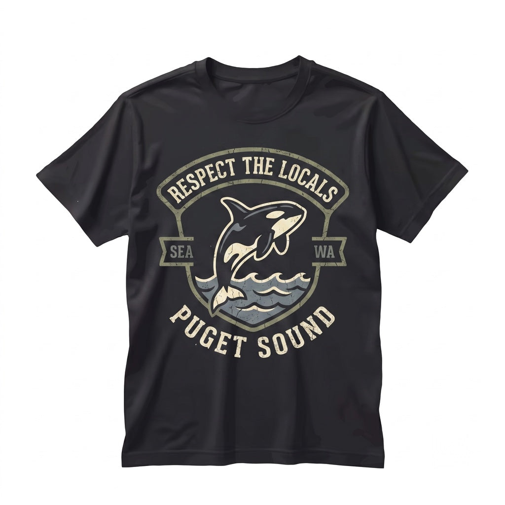 Respect The Locals Puget Sound Orcas Seattle Washington Pacific Northwest Nature Lovers Embroidered Gift Unisex TShirt