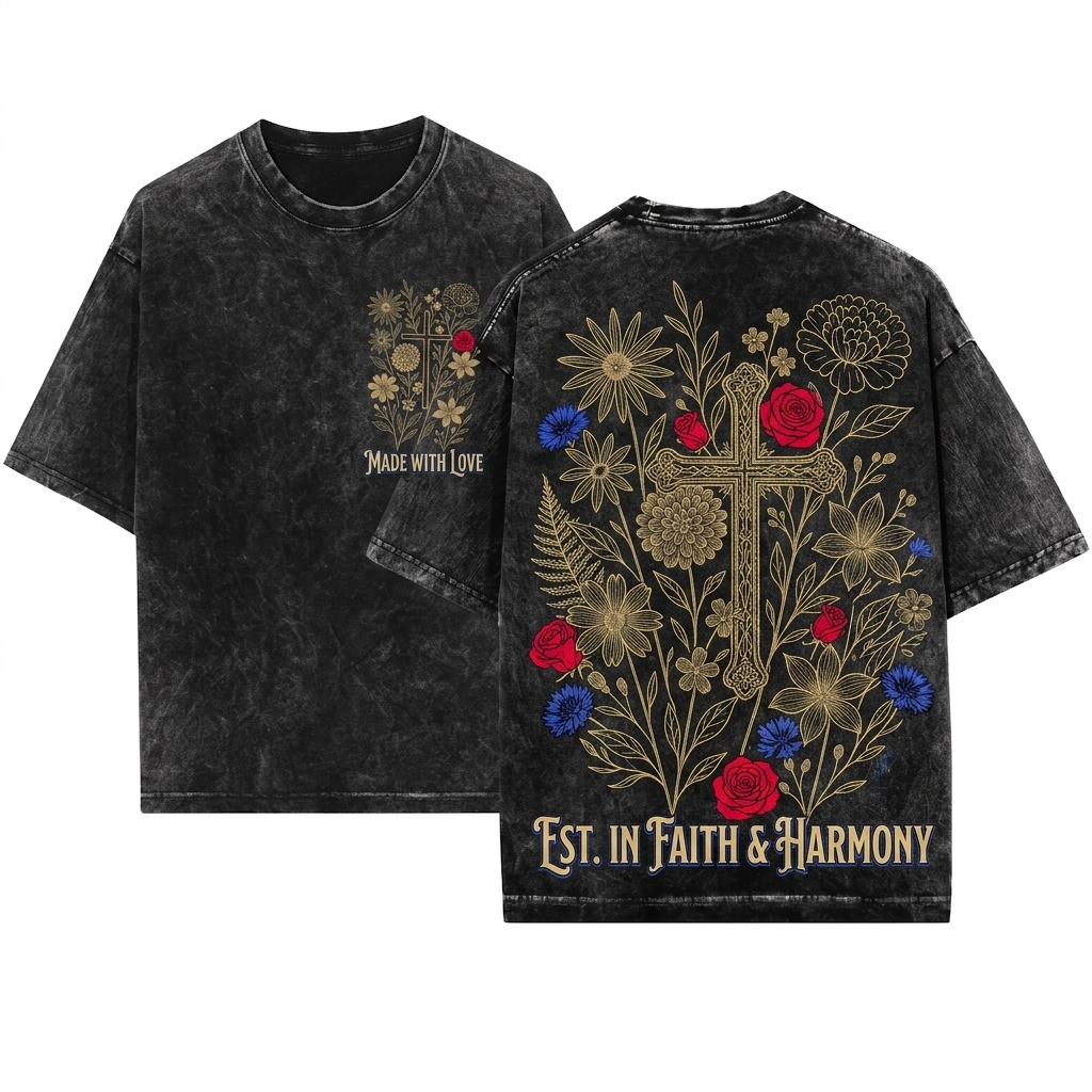 Floral Cross Graphic Faith Based Bible Verse Jesus Lover Church Christian Women Unisex Wash T-Shirt