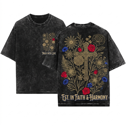 Floral Cross Graphic Faith Based Bible Verse Jesus Lover Church Christian Women Unisex Wash T-Shirt