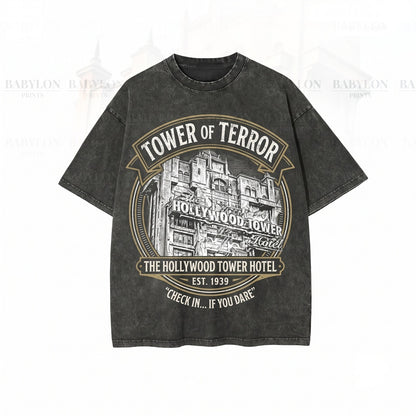 Oversized Hollywood Studios Theme Park Haunted Drop Ride Halloween Vintage Spooky Graphic Apparel Unisex TShirt
