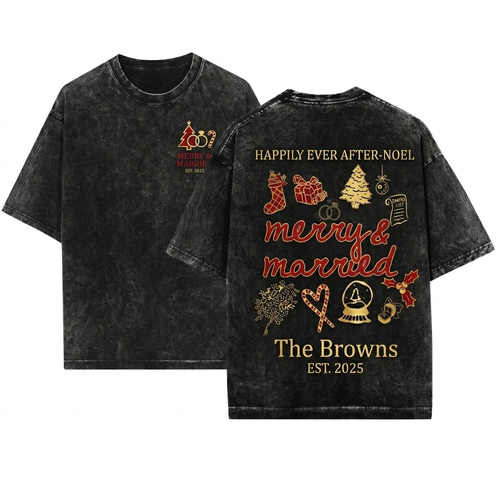 Merry Married Newlywed Custom Name Couple Holiday Wedding Xmas Sublimation Line Art Unisex Wash T-Shirt