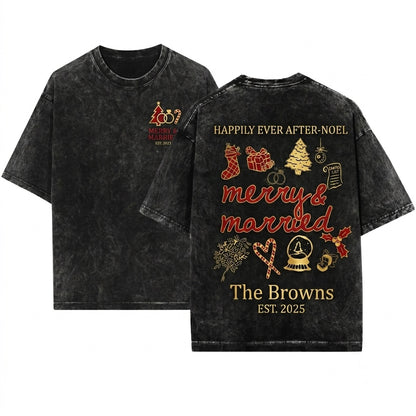 Merry Married Newlywed Custom Name Couple Holiday Wedding Xmas Sublimation Line Art Unisex Wash T-Shirt