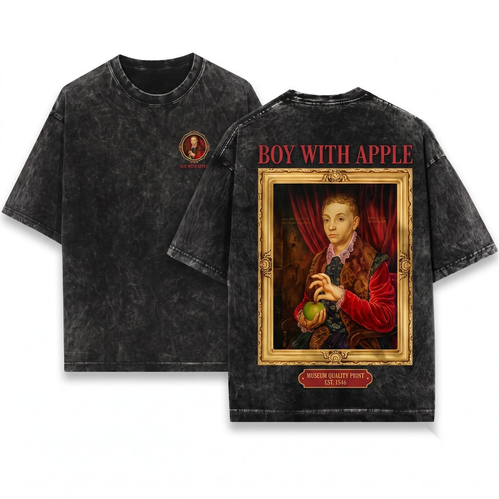 Boy with Apple Painting Vintage Movie Graphic Renaissance Art Portrait Unisex Wash T-Shirt