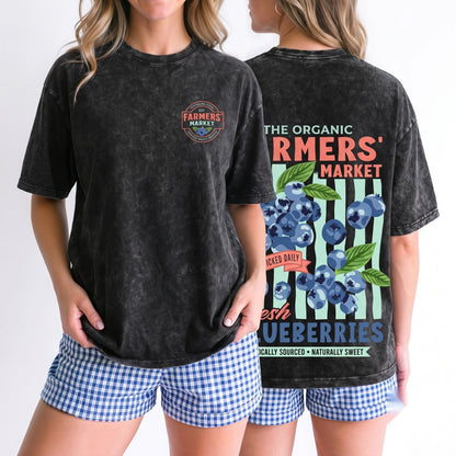 Retro Blueberries Farmers Market Fruit Graphic Unisex Wash T-Shirt