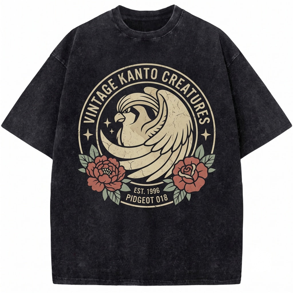 Vintage Acid Wash Flying Bird Anime Graphic Oversized Streetwear Gift Unisex TShirt