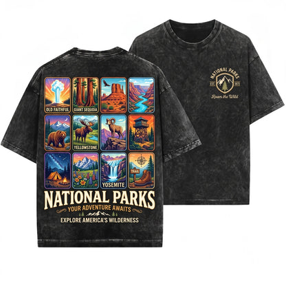 National Parks Roam Wild Vintage Outdoor Adventure Nature Lover Hiking Camping Mountain Travel Gift Unisex Wash T-Shirt