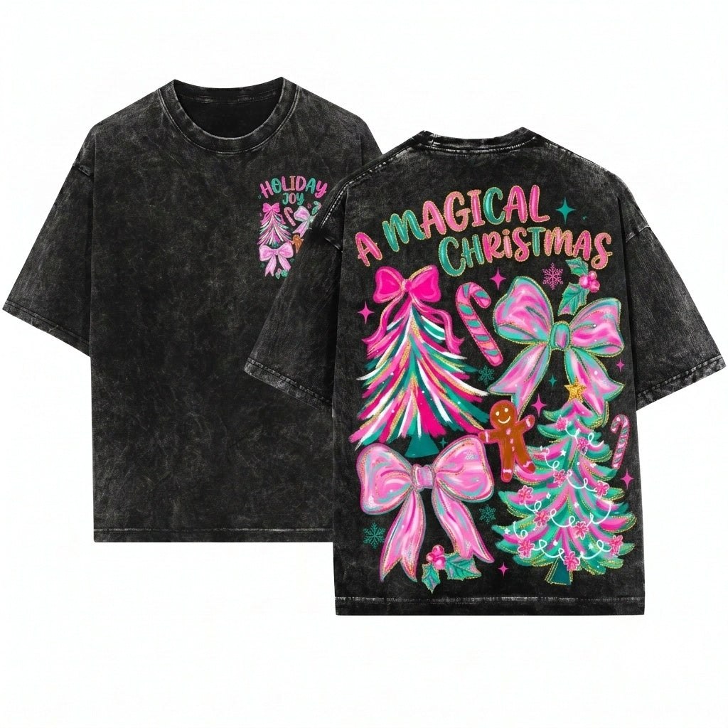 Floral Brushstroke Christmas Tree Bow Merry Bright Coquette Gingerbread Pink Blue Unisex Wash T-Shirt