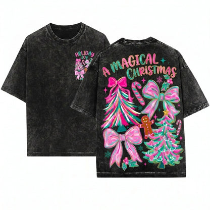 Floral Brushstroke Christmas Tree Bow Merry Bright Coquette Gingerbread Pink Blue Unisex Wash T-Shirt