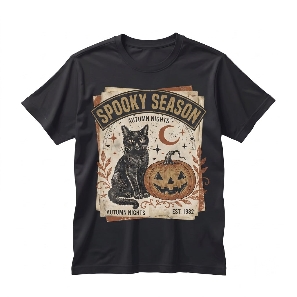 Vintage Botanical Black Cat Pumpkin Halloween Aesthetic Crescent Moon Autumn Gift Unisex TShirt