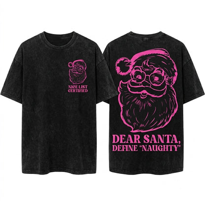 Pink Retro Minimalist Santa Line Art Xmas Vintage Holiday Clipart Unisex Wash T-Shirt