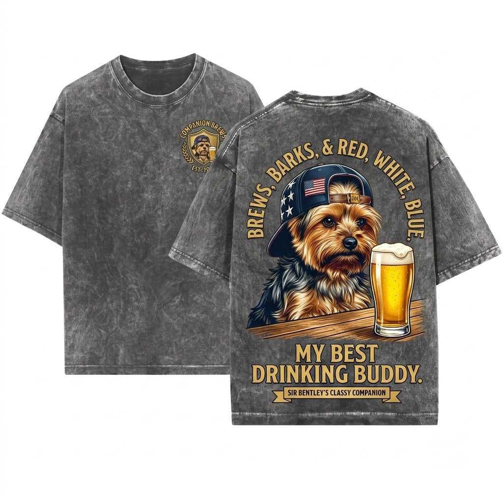 Funny Patriotic USA Yorkie Dog Lover Drinking Beer 4th Of July Independence Day Meme Gift Unisex Wash T-Shirt