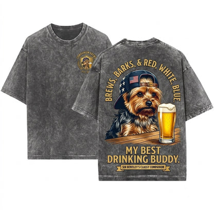 Funny Patriotic USA Yorkie Dog Lover Drinking Beer 4th Of July Independence Day Meme Gift Unisex Wash T-Shirt