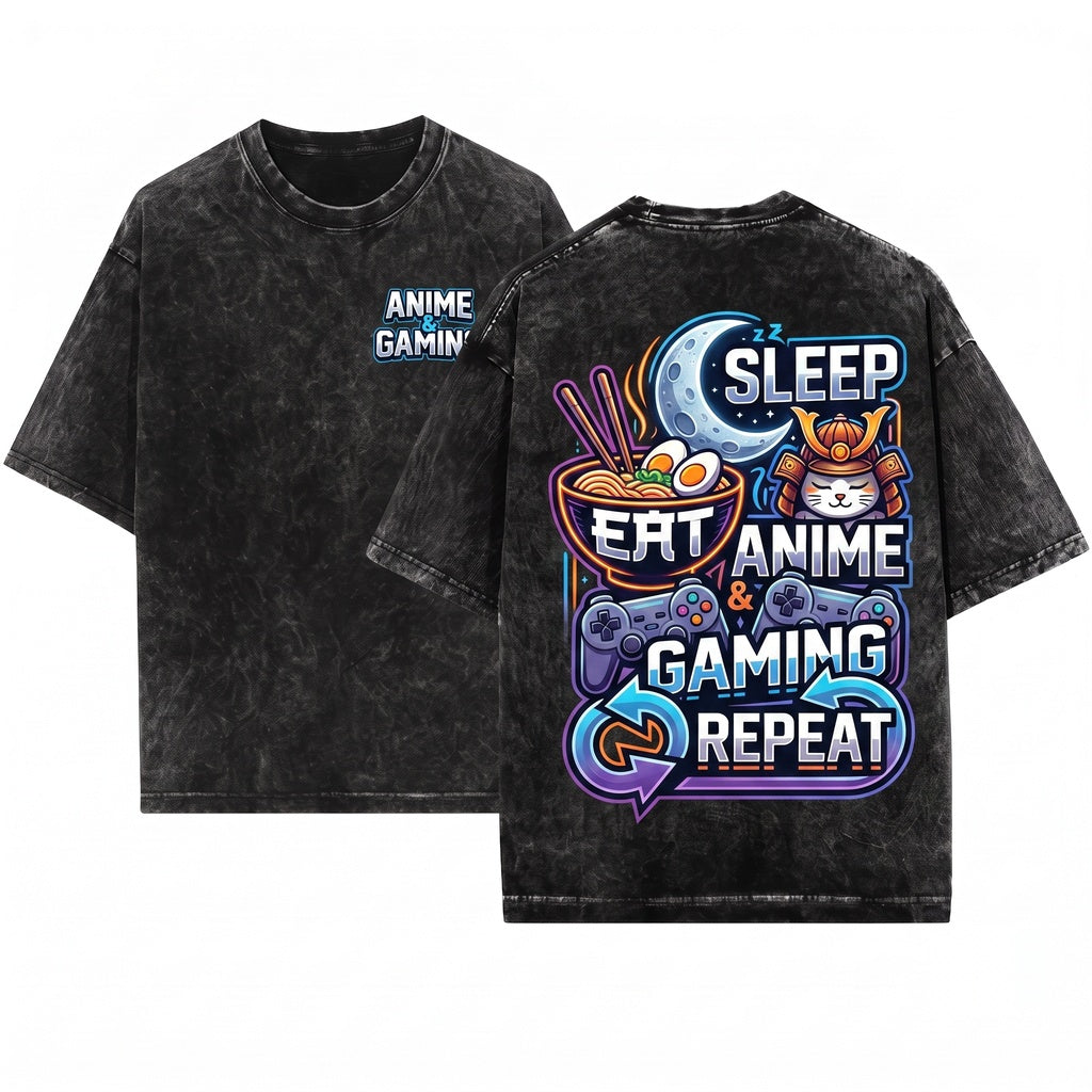 Eat Sleep Anime Gaming Repeat Video Gamer Kawaii Otaku Japanese Manga Cosplay Aesthetic Gift Unisex Wash T-Shirt