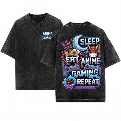 Eat Sleep Anime Gaming Repeat Video Gamer Kawaii Otaku Japanese Manga Cosplay Aesthetic Gift Unisex Wash T-Shirt