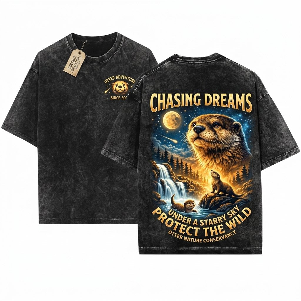 Otter Howling To The Moon Vintage 90s Retro Animal Graphic Gift Full Silly Apparel Unisex Wash T-Shirt