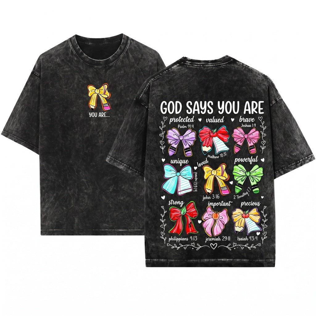 Christian God Says I Am Teacher Coquette Pencil Bow Back To School Graphic Apparel Unisex Wash T-Shirt