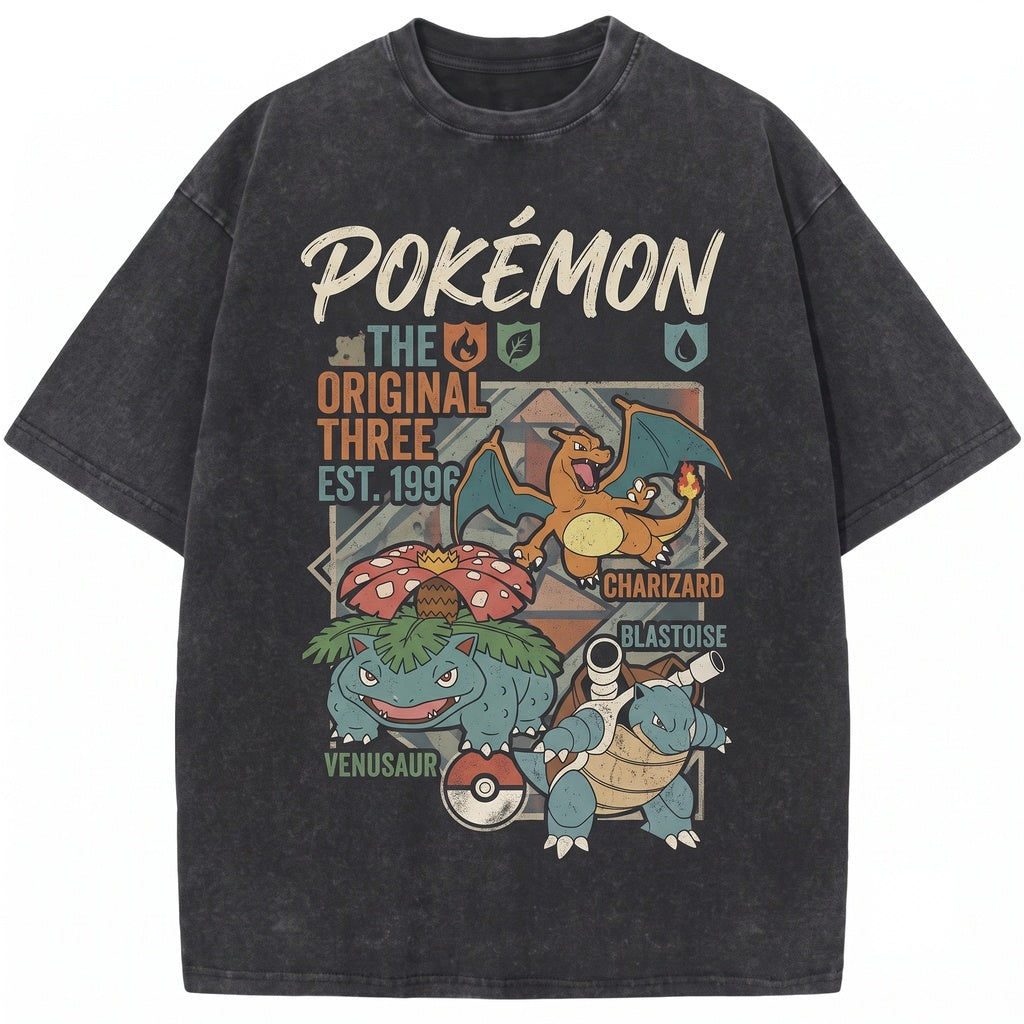 Vintage Kanto Starters Charizard Venusaur Blastoise Anime Graphic Retro Washed Oversized Gamer Gift Unisex TShirt