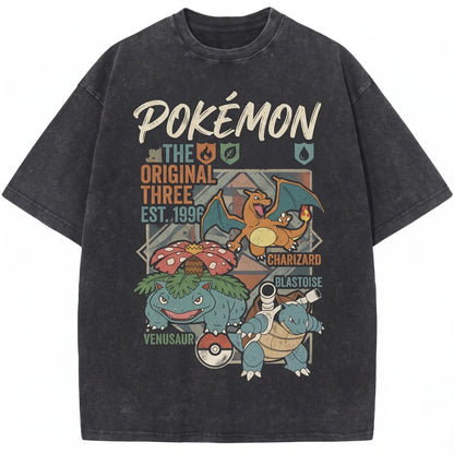 Vintage Kanto Starters Charizard Venusaur Blastoise Anime Graphic Retro Washed Oversized Gamer Gift Unisex TShirt
