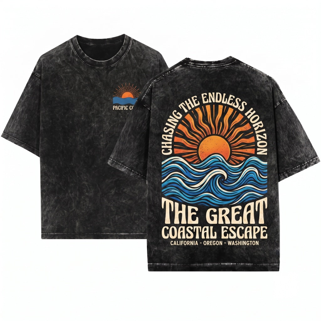 Retro Sunset Beach Graphic Summer Coastal Apparel Unisex Wash T-Shirt
