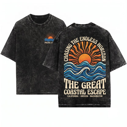Retro Sunset Beach Graphic Summer Coastal Apparel Unisex Wash T-Shirt