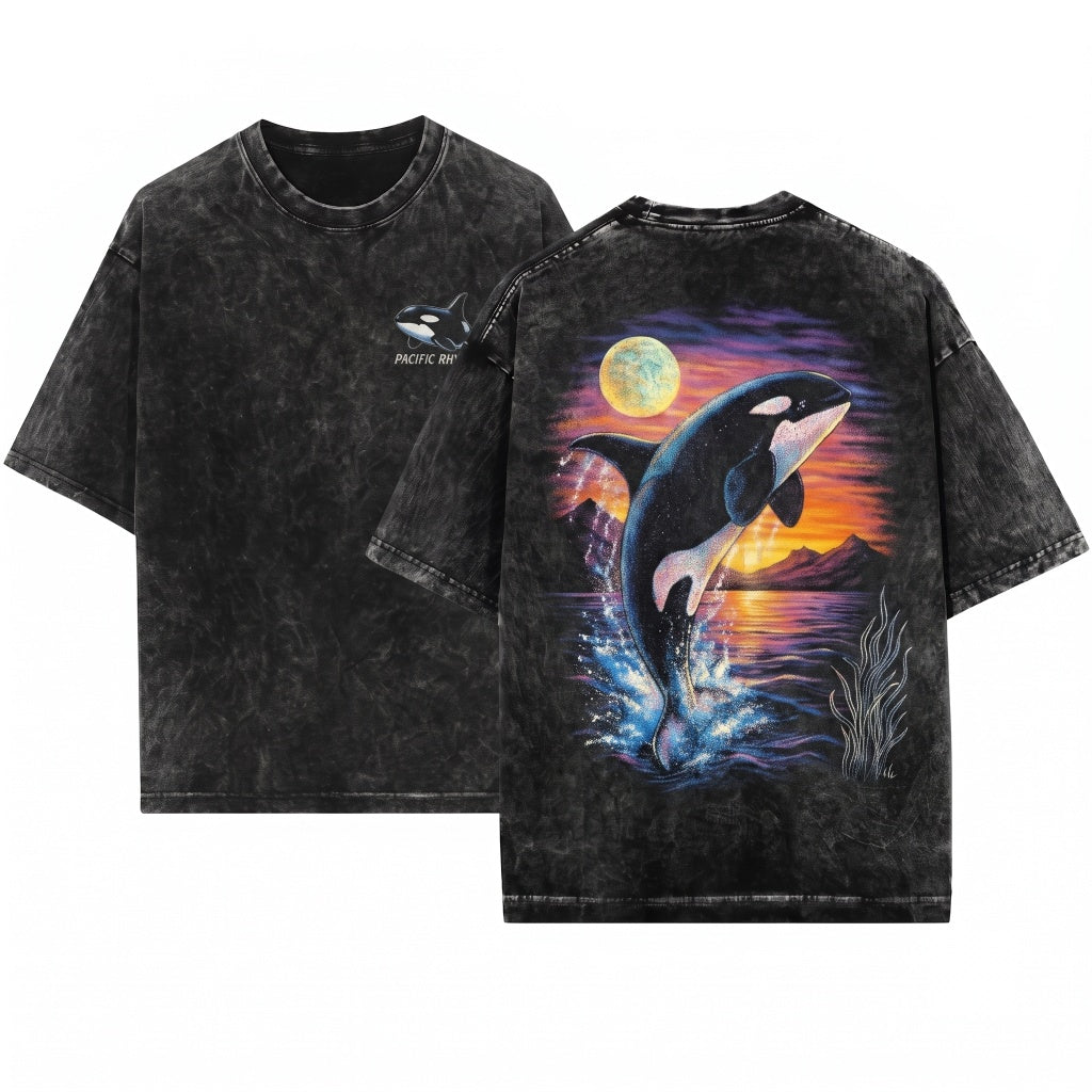 Orca Midnight Vintage Style Retro Ocean Moonlight Lightning 90s Marine Life Graphic Unisex Wash T-Shirt