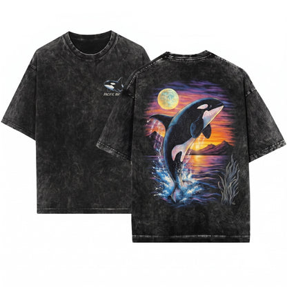 Orca Midnight Vintage Style Retro Ocean Moonlight Lightning 90s Marine Life Graphic Unisex Wash T-Shirt