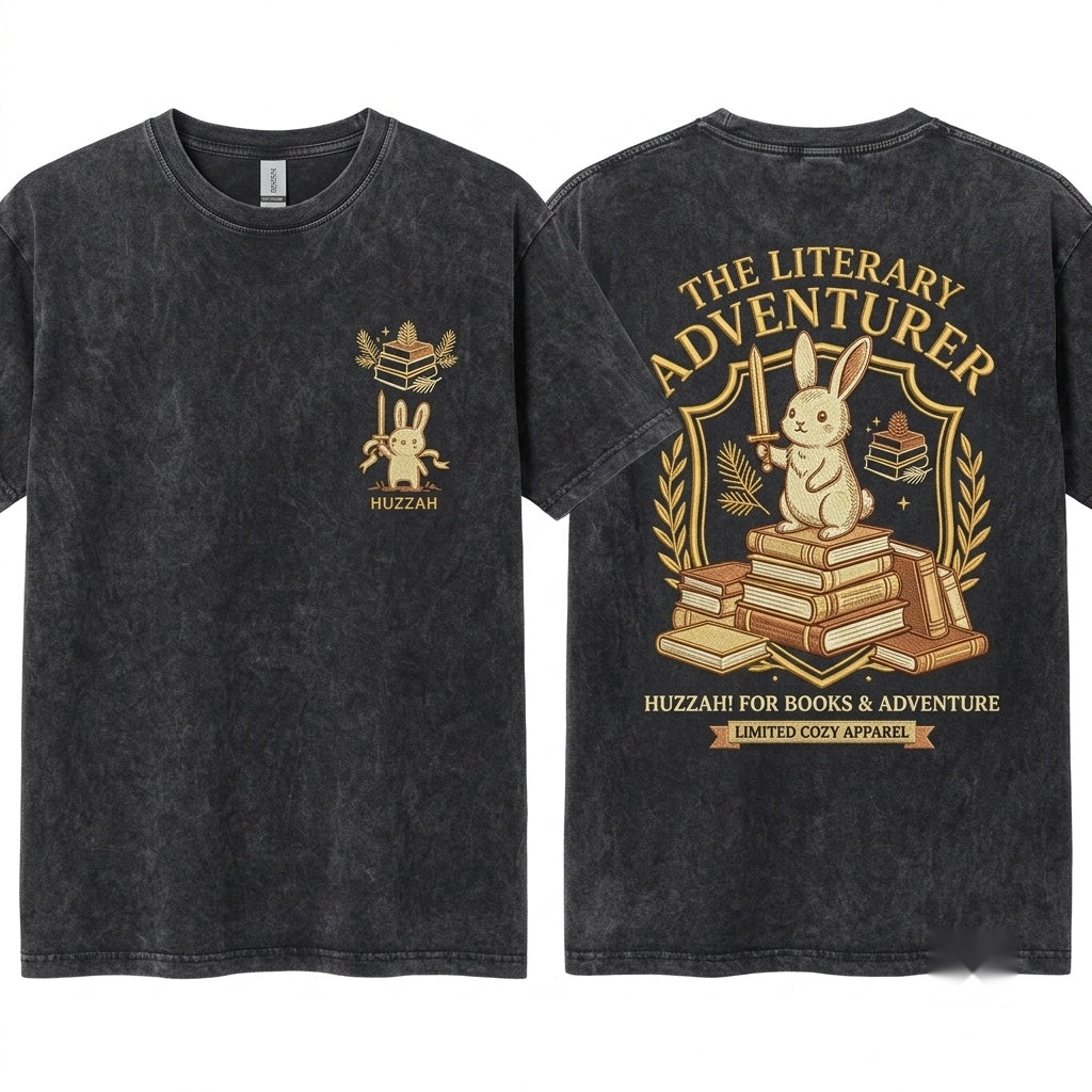 Huzzah Funny Medieval Embroidered Bunny With Sword Vintage Graphic Unisex Wash T-Shirt