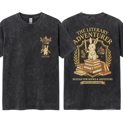 Huzzah Funny Medieval Embroidered Bunny With Sword Vintage Graphic Unisex Wash T-Shirt