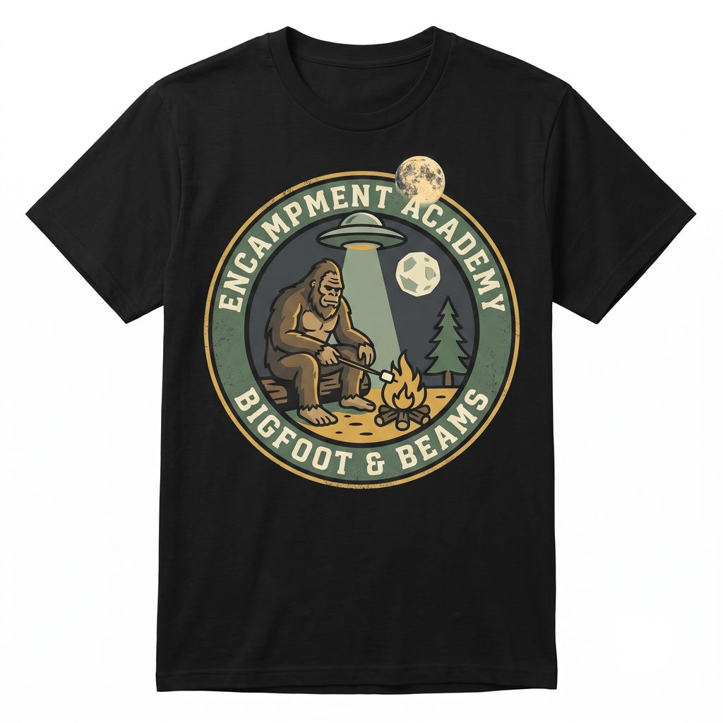 Bigfoot Camping UFO Moon Forest Campfire Graphic Sasquatch Cryptid Outdoor Adventure Gift Unisex TShirt